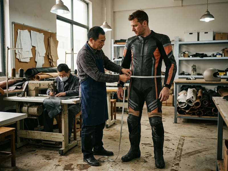 Rider being measured for a made-to-measure leather race suit in the workshop