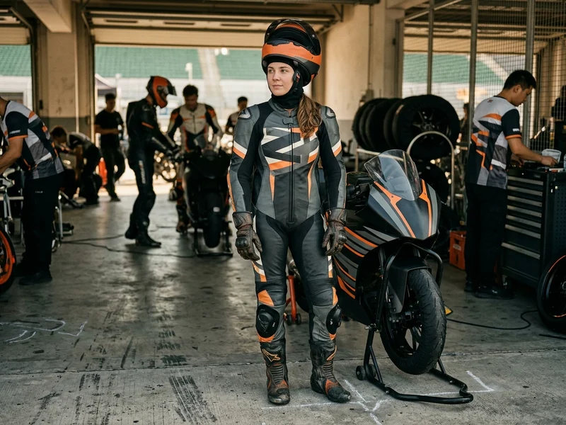 Woman rider wearing a women’s-fit leather motorcycle race suit in the paddock