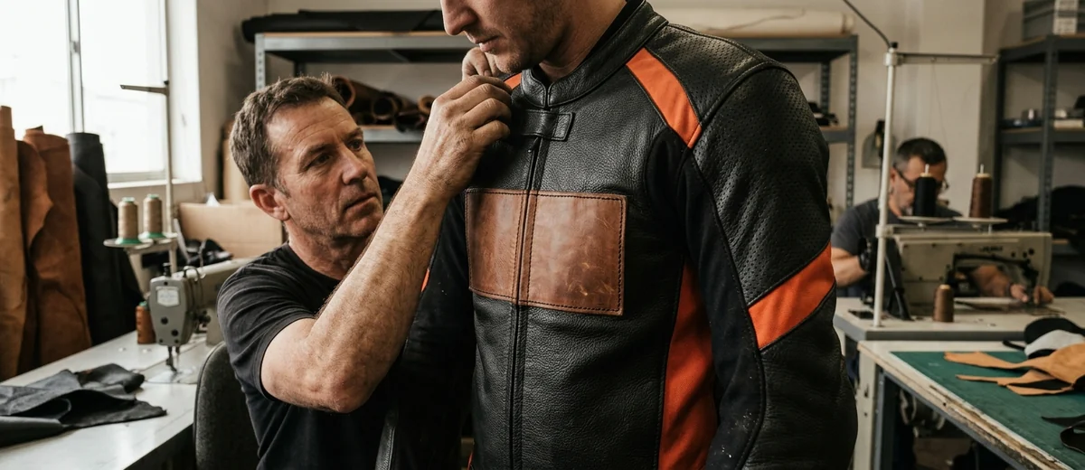Sponsor logo stitched as a leather panel on the chest of a race suit