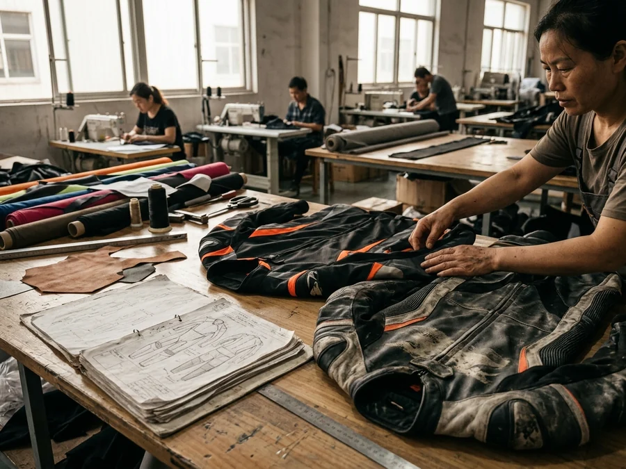 Brand tech pack and reference race suit on the sample-room table