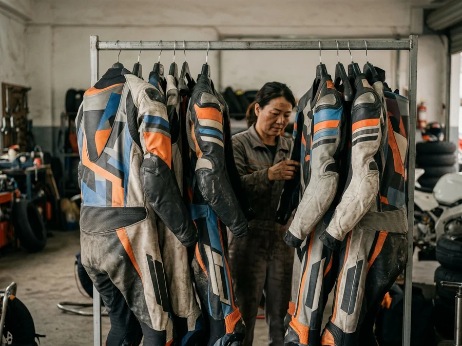 Racing school hire suits hanging by size in the pit garage