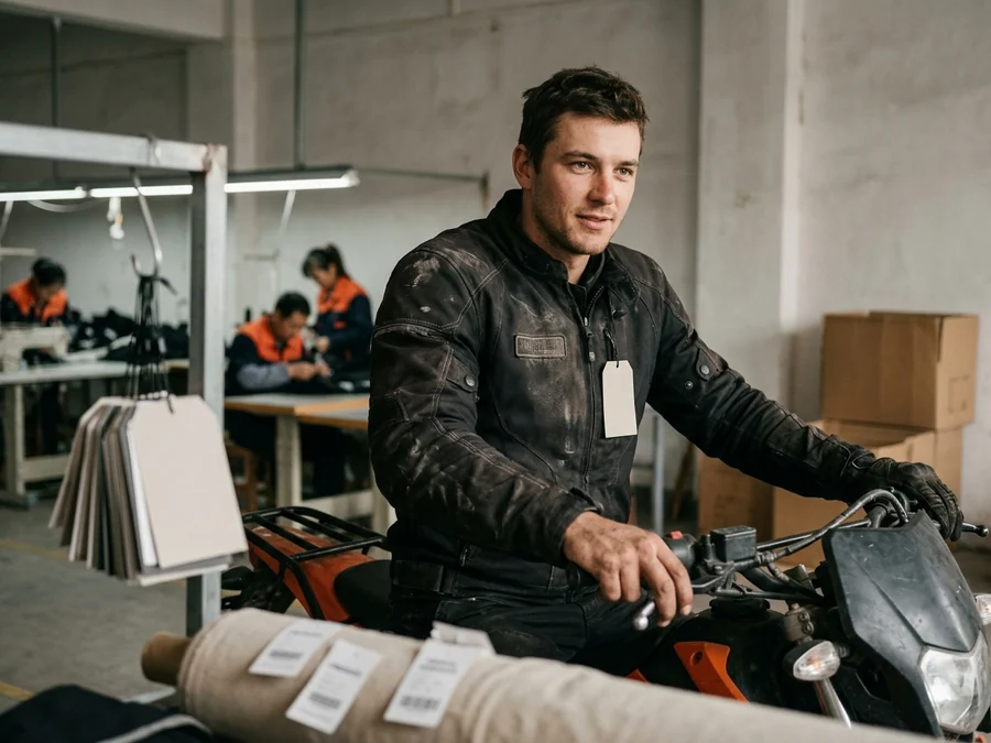 Dealership name embroidered on the chest of a riding jacket