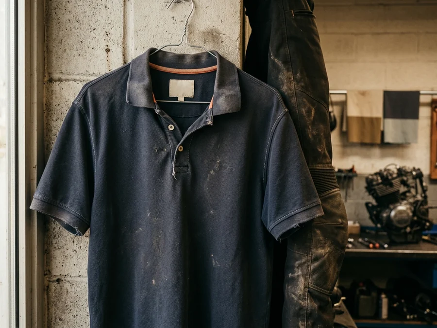 Workshop polo after a season of daily wear and washing