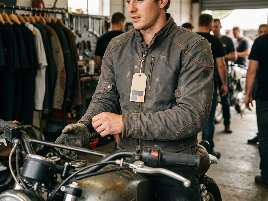 Branded riding jacket worn on a bike