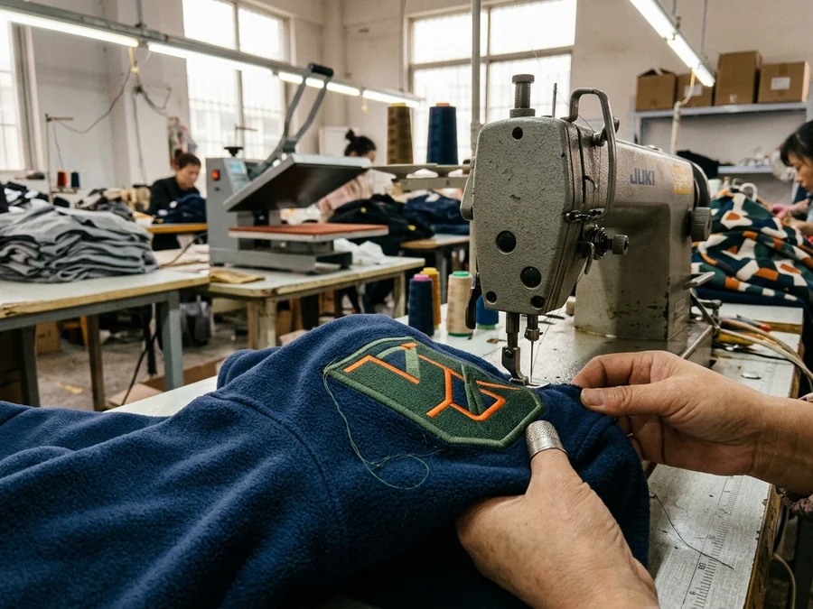 Embroidered badge on fleece with a raised, physical edge