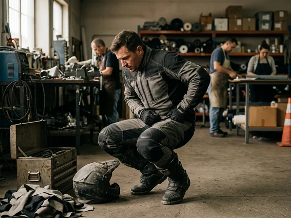 Rider squatting in the sample pants, waist staying in place