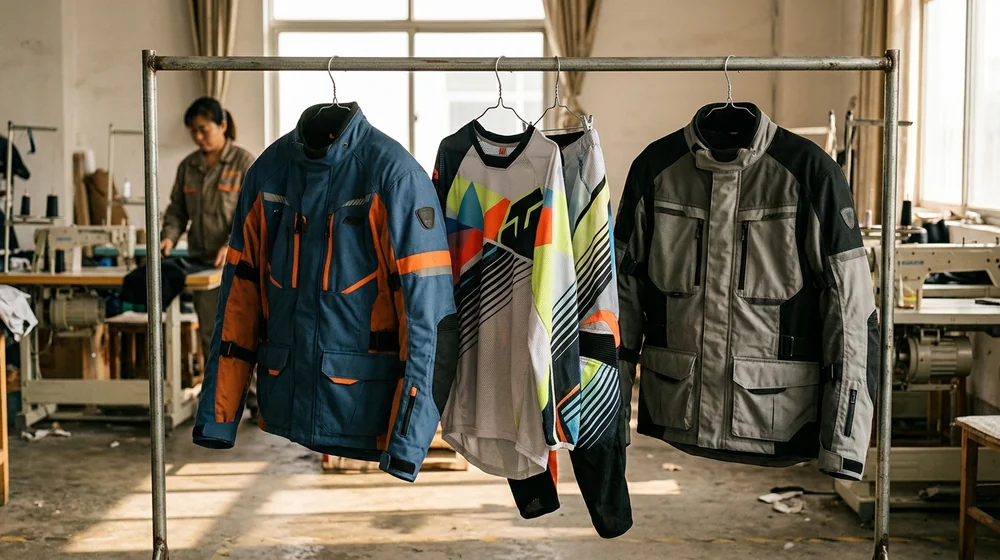 Enduro kit, motocross kit and ADV jacket side by side on the sample rail