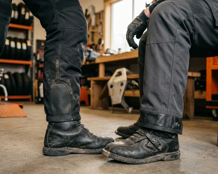 In-the-boot enduro pant leg next to an over-the-boot leg covering the boot top
