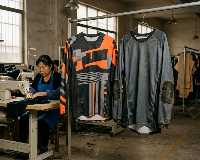 Race-cut motocross jersey next to an enduro-cut jersey with reinforced forearm and longer body