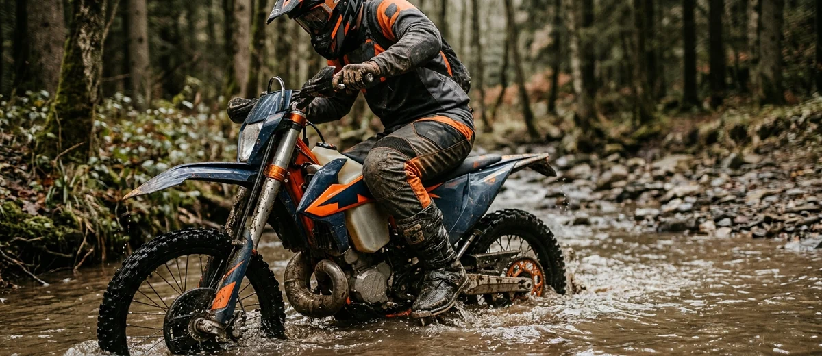 Over-the-boot enduro pants in a wet forest crossing
