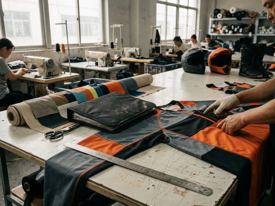 Off-road gear brand tech pack and reference jersey on the development table