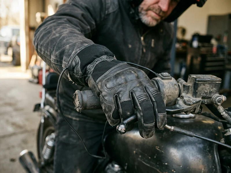 Three-finger heated motorcycle glove on a rider’s hand at the handlebar