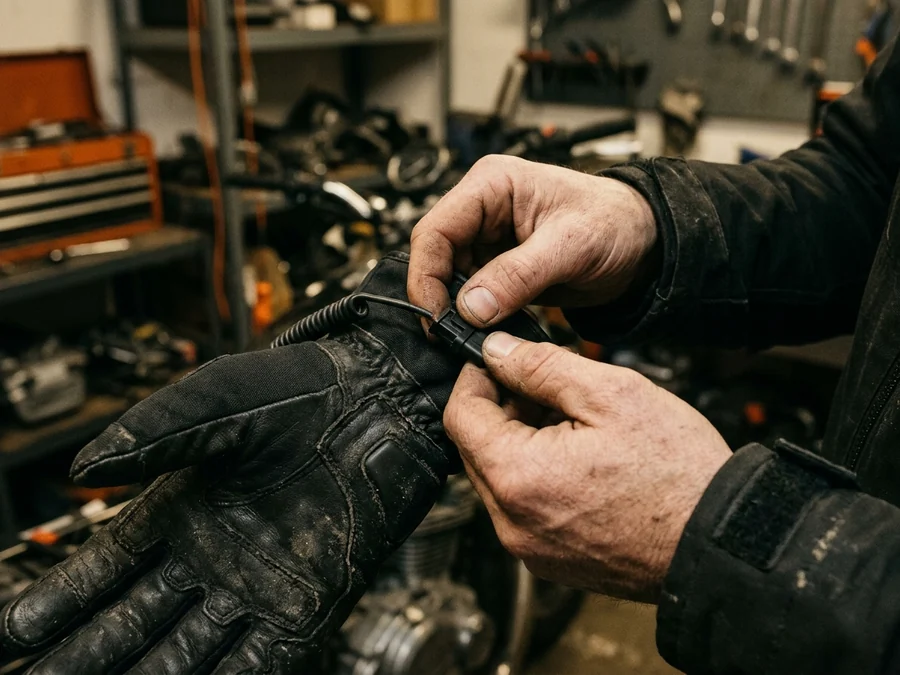 A glove connector being mated with cold hands in poor light