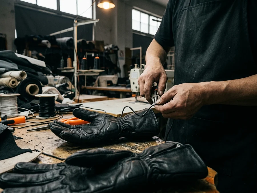 Wire routed with slack across the wrist flex point of a glove