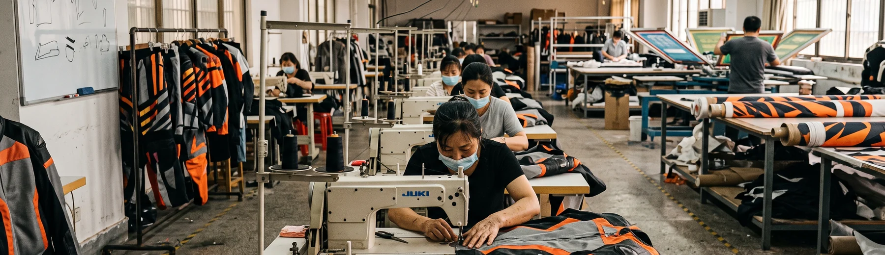 How we make motorcycle apparel: the factory floor from the design room end, lines and print room visible