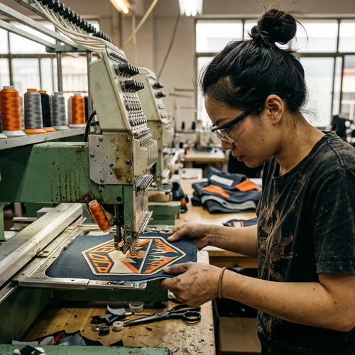 Embroidery head stitching a badge