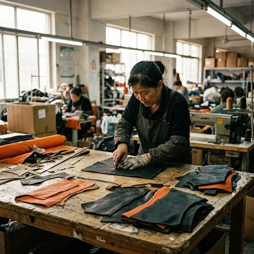 Leather suit panels on the workshop table