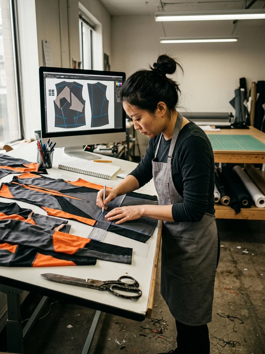 Layout on screen with artwork placed on the jersey pattern pieces, seams drawn through