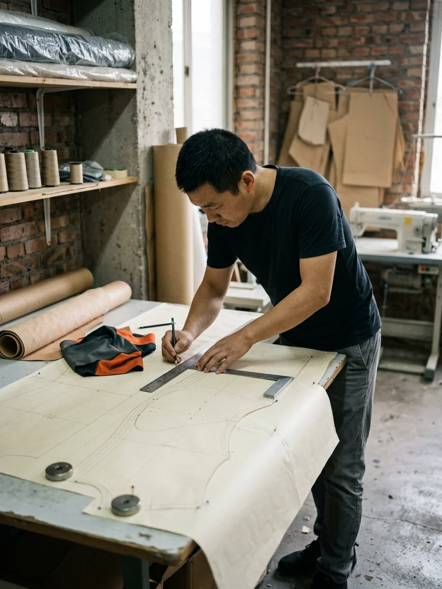 Pattern maker drafting the enduro pant block with the knee pre-shaped