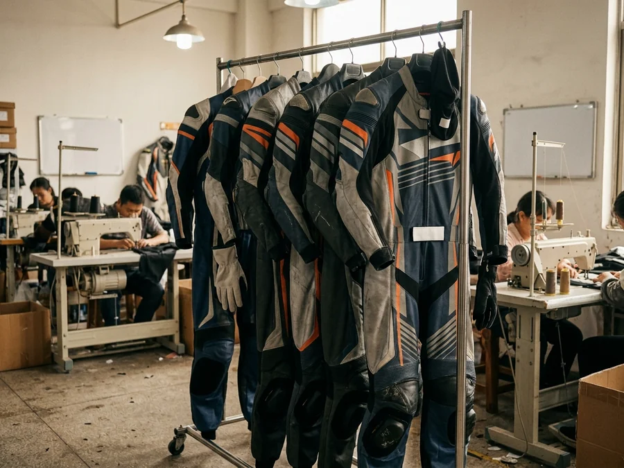 Karting centre suits on the rail after washing
