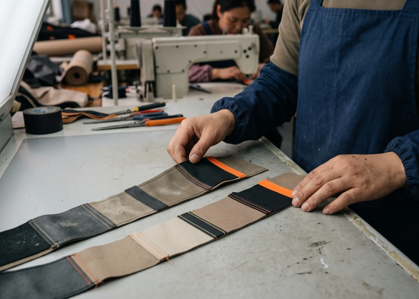 Archived color strip laid against a fresh test strip under a daylight lamp