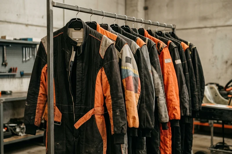 Row of rental kart suits hanging by size at a karting centre