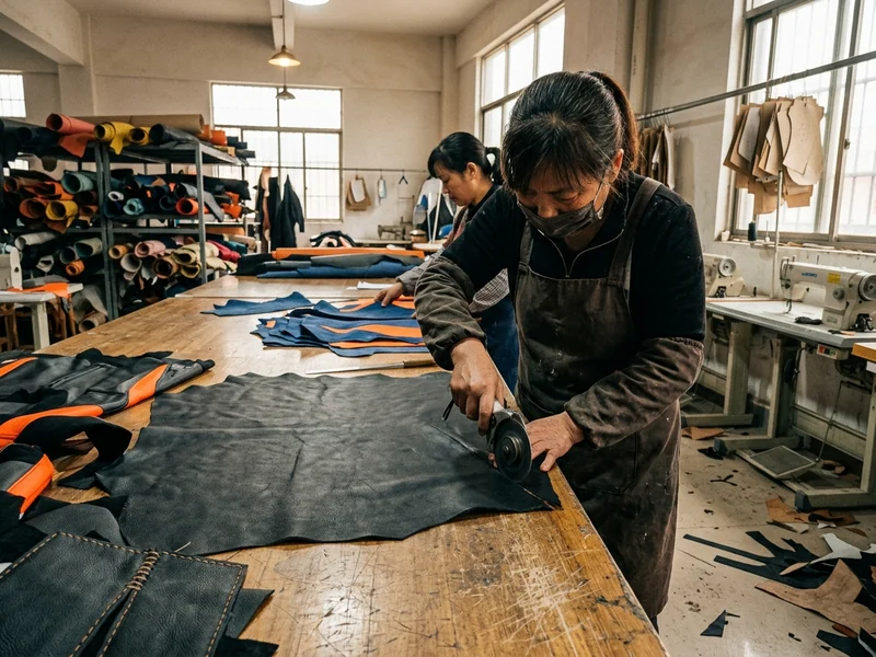 Leather workshop cutting cowhide panels for race suits