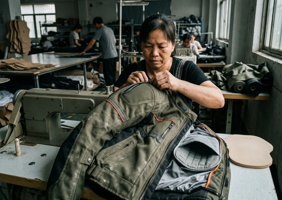 Textile motorcycle jacket with armor pockets open