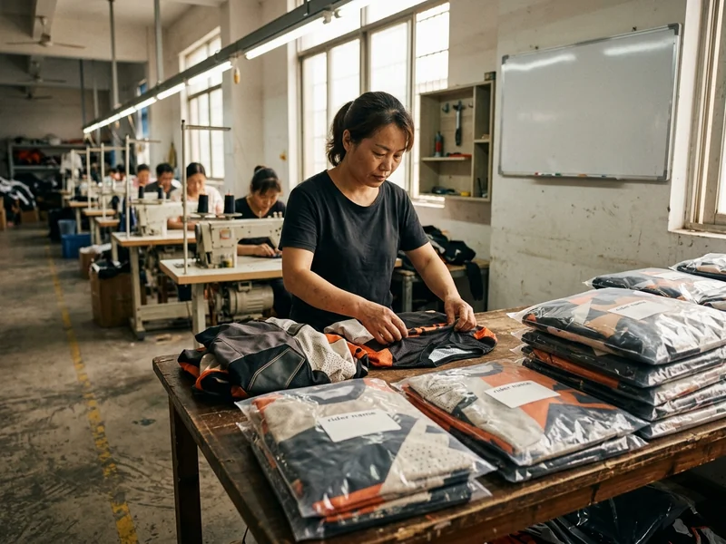 Final inspection table with garments packed by rider name
