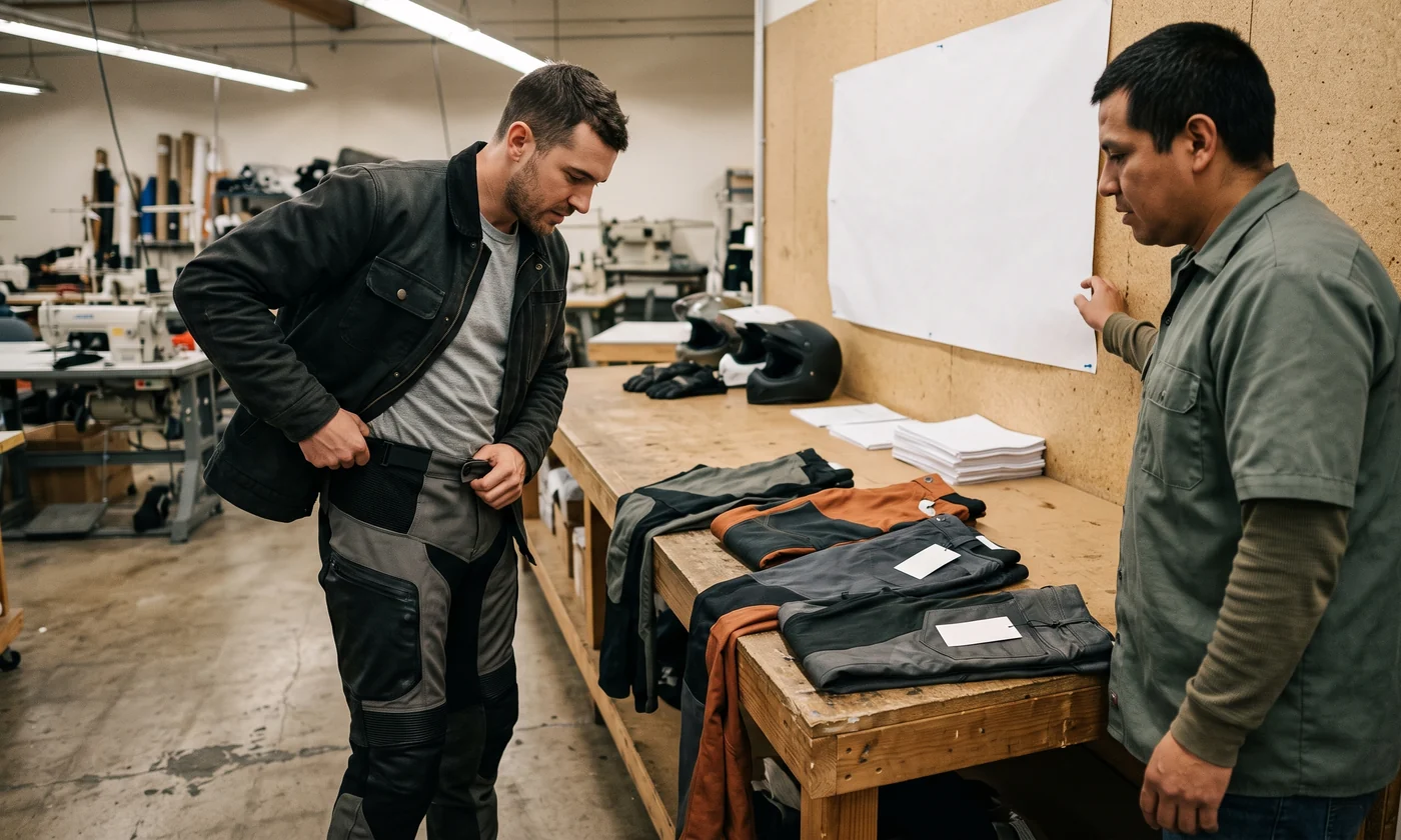Riders trying on a size-run set beside the printed size sheet