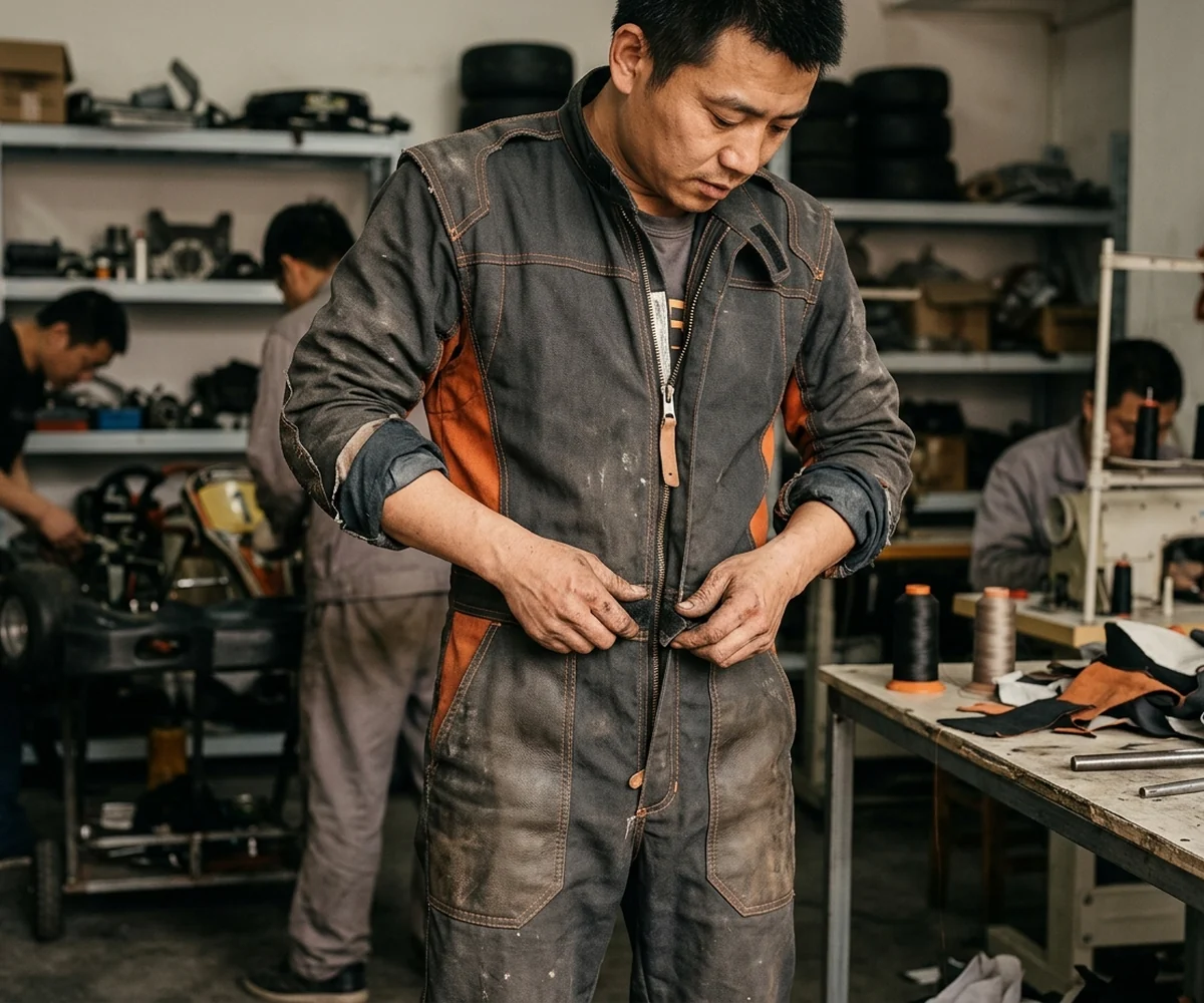 Rental kart suit on a guest over street clothes, parts visible