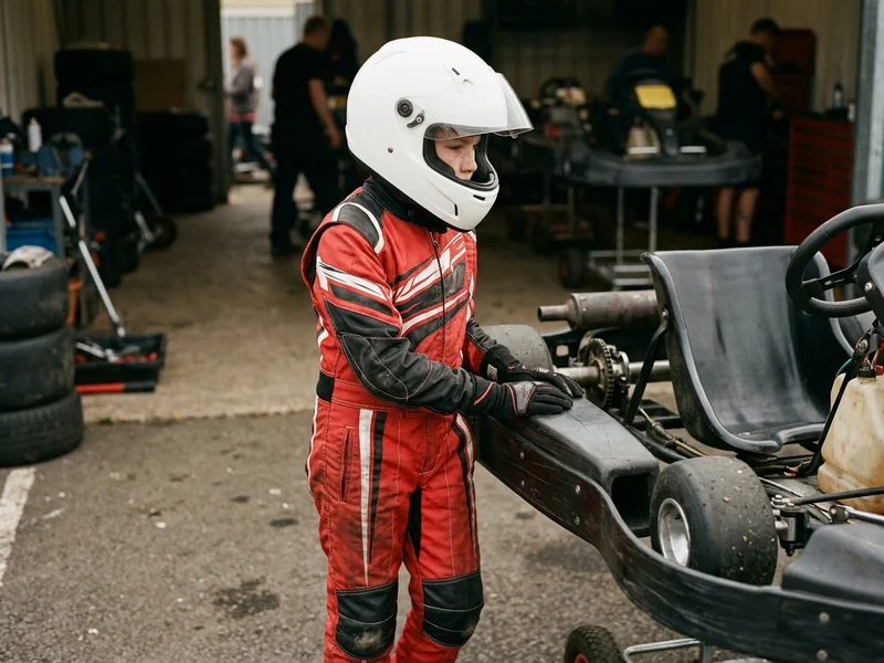 Junior rental karting suit worn by a young driver beside a kart