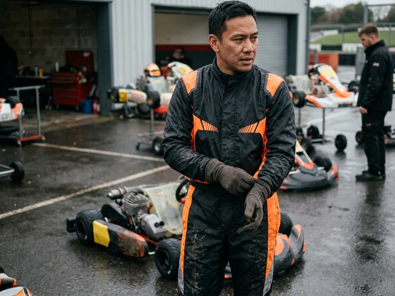 Waterproof karting rain suit worn over a karting suit on a wet outdoor track