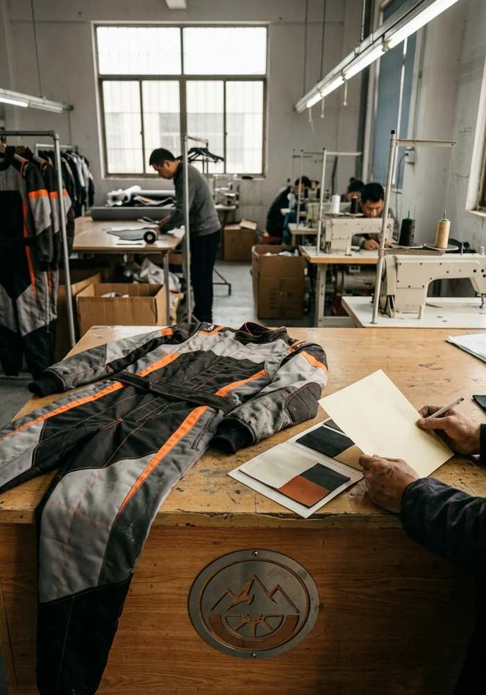 Session sheet, centre logo and a sample suit on the sales desk
