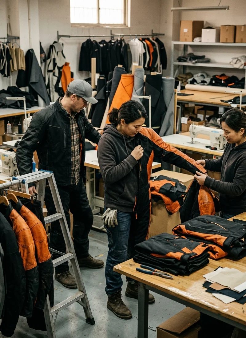 Centre staff trying the size-run suits on over their clothes