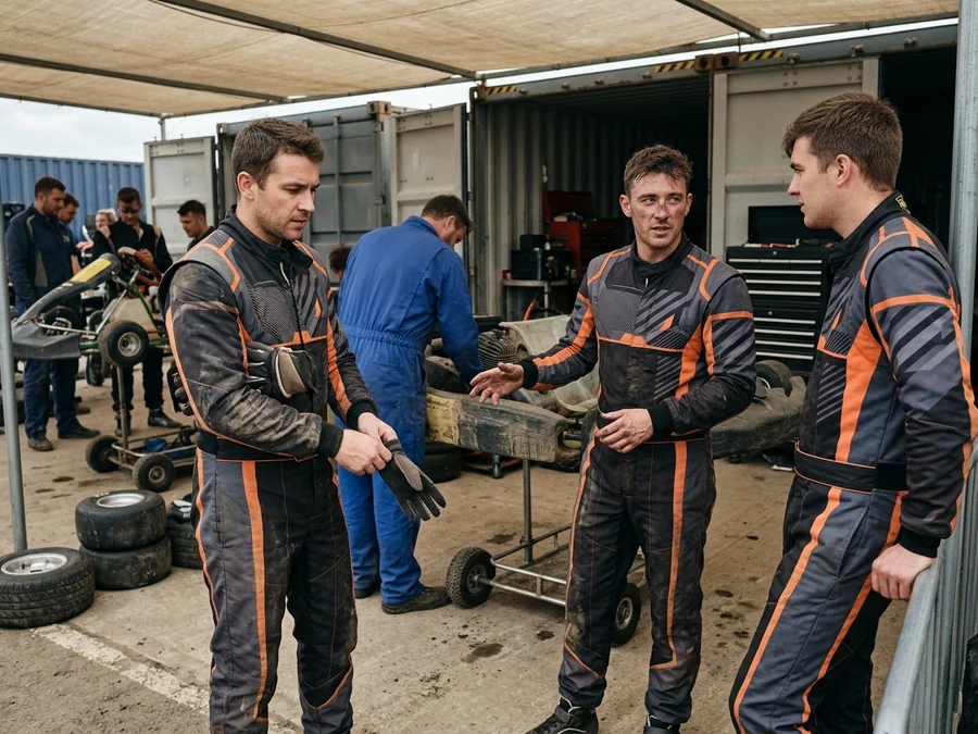 Kart racing team in sponsored race suits, a different page