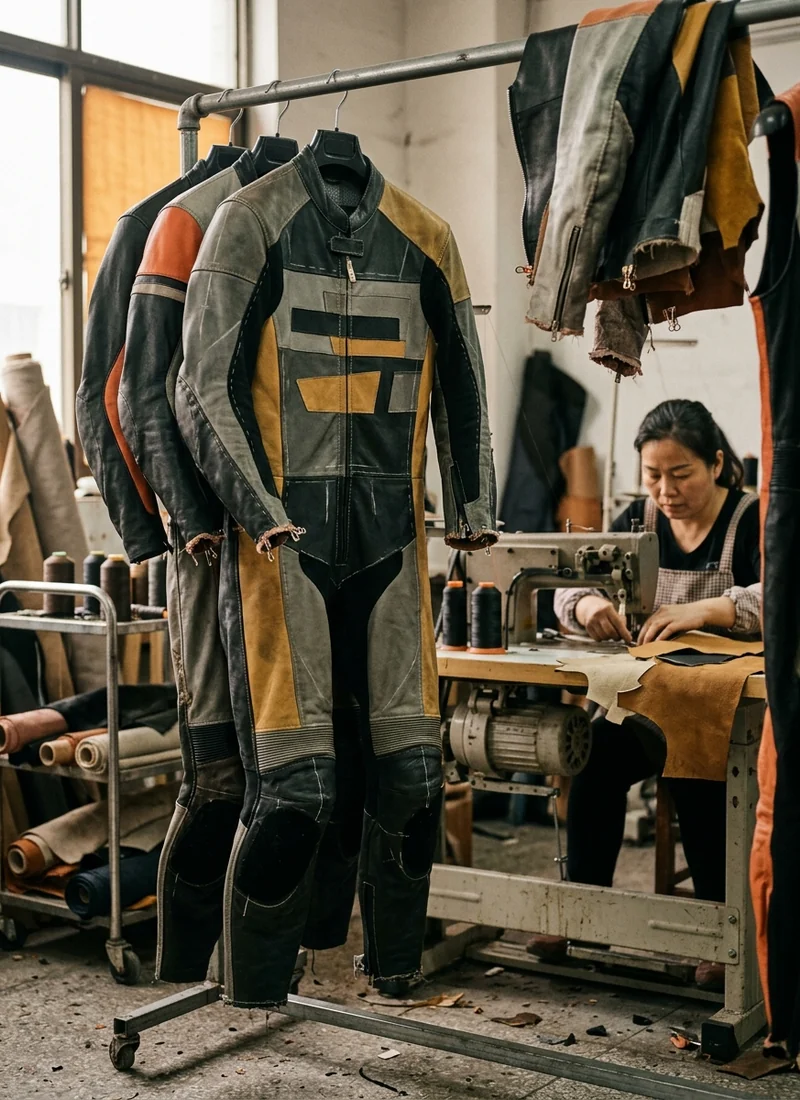 Leather suits in progress on the workshop rack