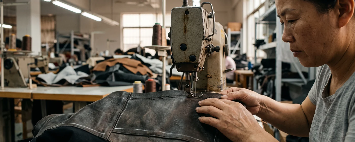 A slide-zone seam being run twin-needle on the heavy leather machine