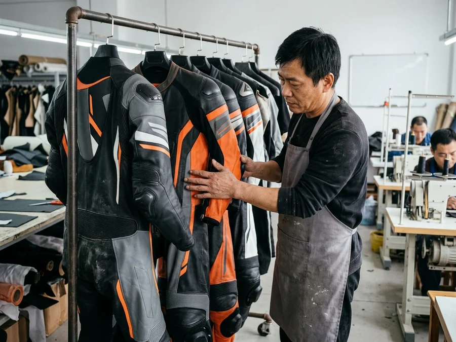 Team manager checking several suits that have to match each other