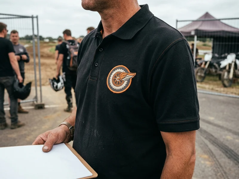 Club polo with embroidered chest badge worn at the event gate