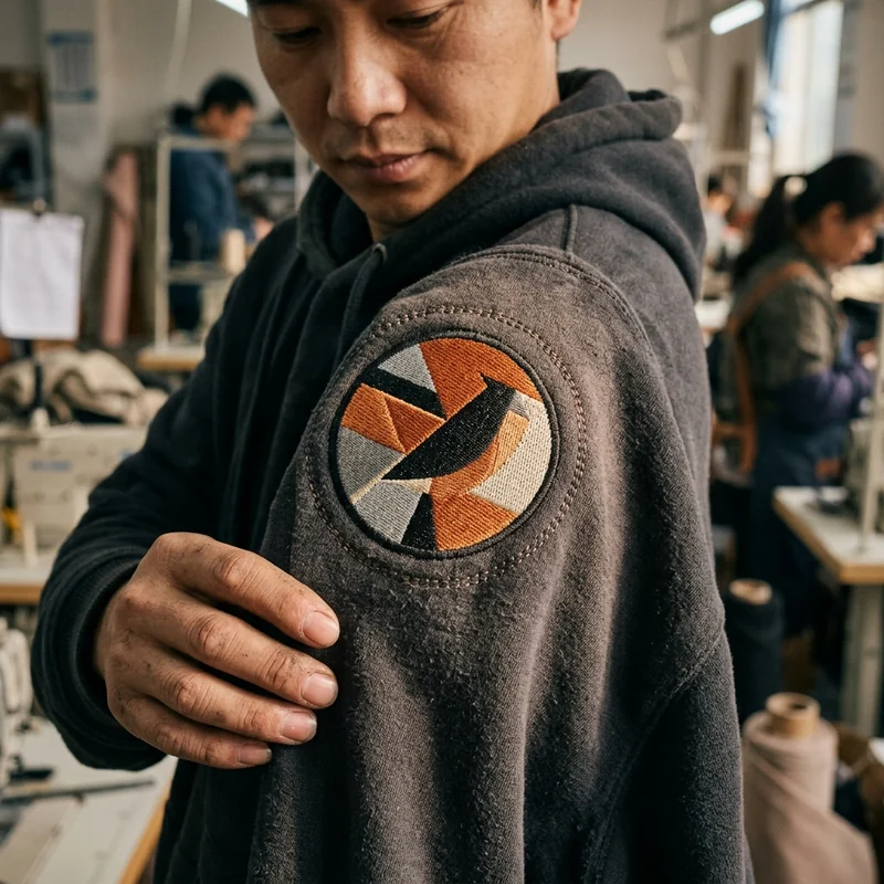 Club badge embroidered on hoodie fleece, close up