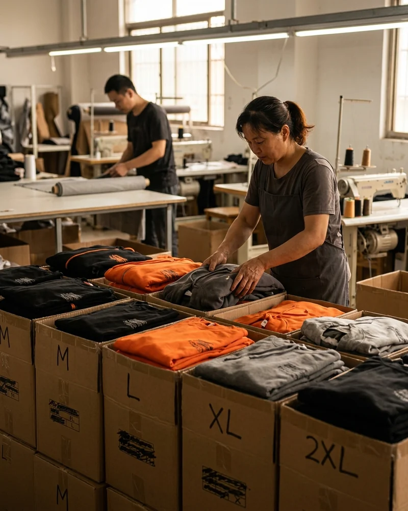 Event tees and hoodies packed by size for the merch table