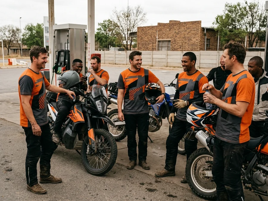 Weekend riding group in matching ride tees at a fuel stop