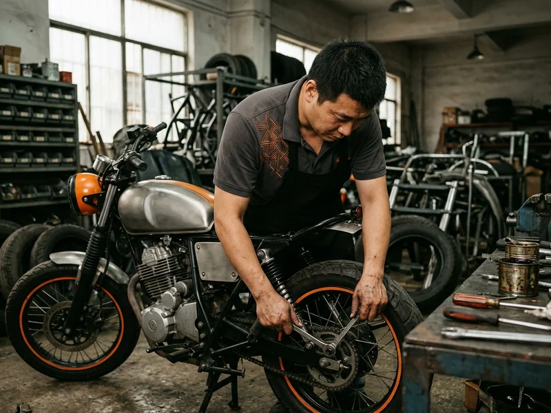 Mechanic in the embroidered polo working on the bike