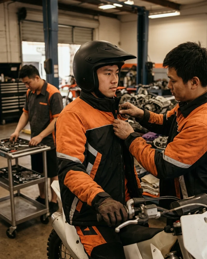 Crew jacket in the same colors behind the rider