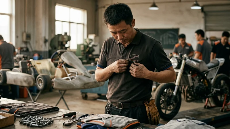 Mechanic in the embroidered crew polo with name and role on the chest