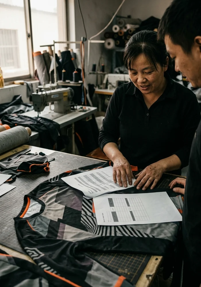 Rider jersey, crew roster and sponsor sheet on the sales desk