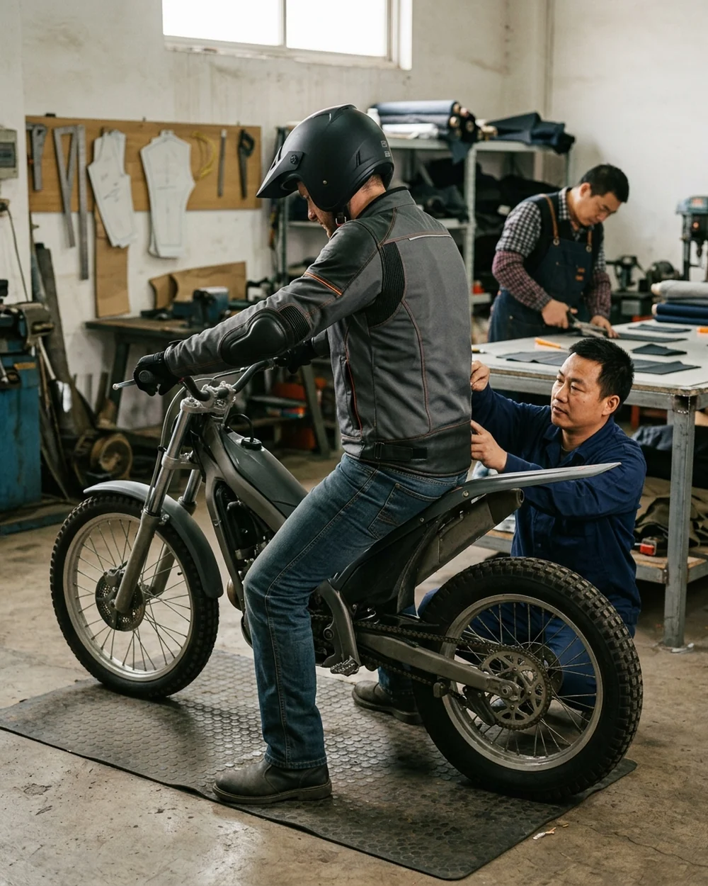 Construction sample being fitted on a rider sitting on a bike