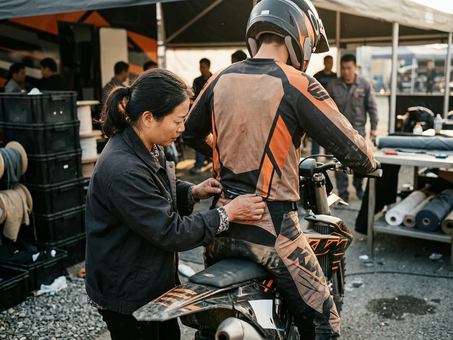 Team manager checking that a jersey stays tucked through a moto