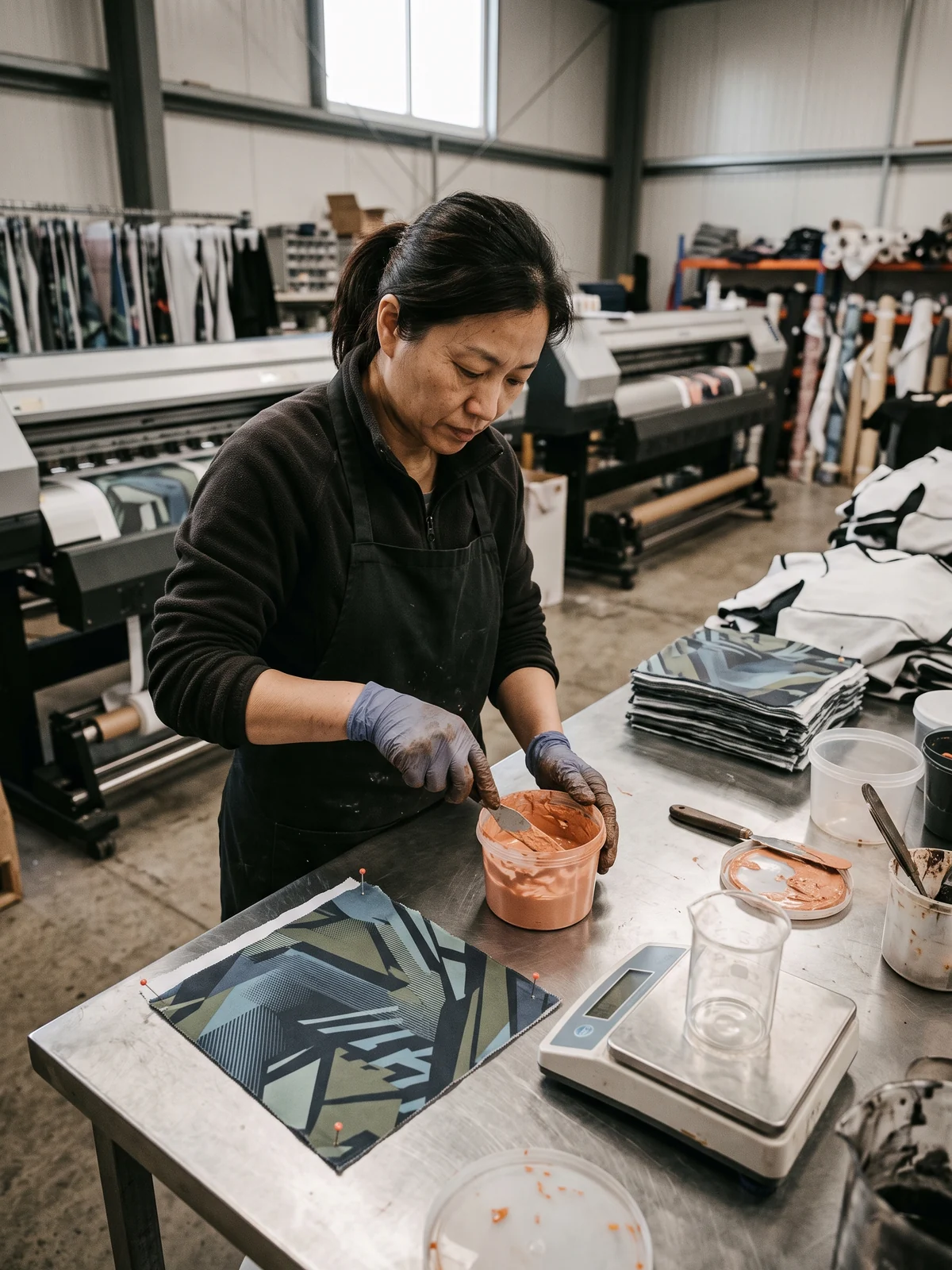 Print room bench where screen colors are translated into an ink mix for one fabric